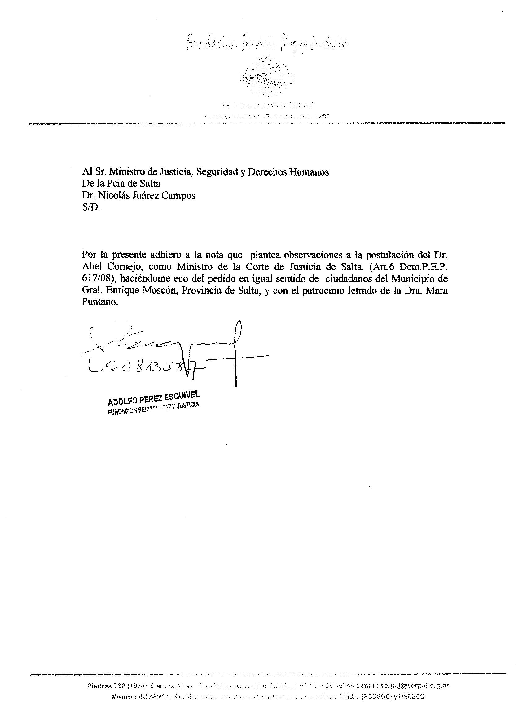 Impugnación presentada por el Premio Nóbel de la Paz Adolfo Pérez Esquivel.